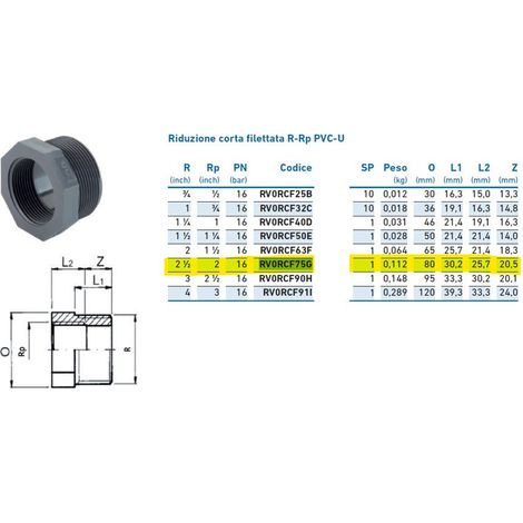 Riduzione corta filettata R-Rp PVC-U MF 2"1/2 x 2" RV0RCF75G - -  GEORGE FISCHER - -