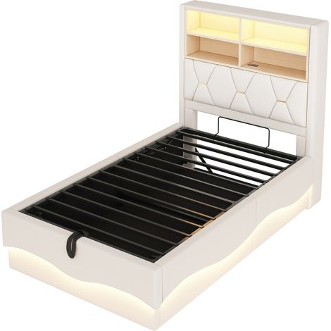 Lit enfant 90 x 200 cm avec rangement hydraulique LED USB tête de lit en lin beige MODENUIT (1/5)