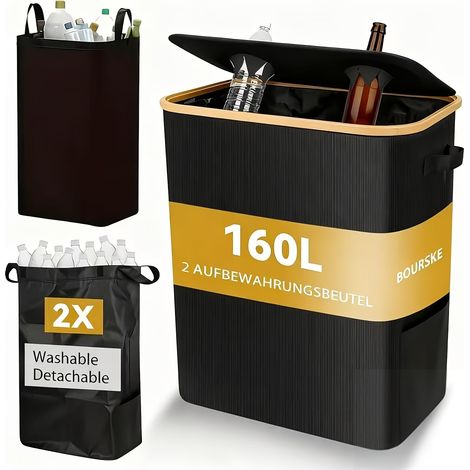 160L Bottle Recycling Bin with Lid & 2 Reusable Pouch, Gray (1/5)