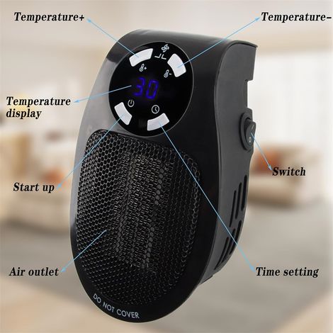 Mini radiateur de prise FainFun 500W, chauffage mural céramique compact avec télécommande, 2 vitesses de ventilation, minuterie programmable, noir (1/5)