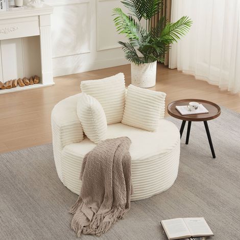 Canapé convertible confortable – Fauteuil rond en velours côtelé – Design décontracté – Livré avec trois coussins décoratifs – 110 cm de diamètre – Beige (1/5)