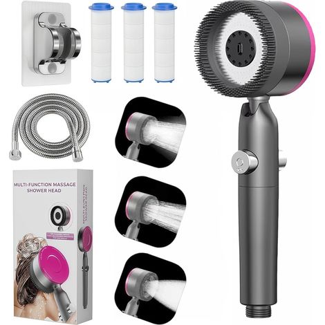 Pommeau de Douche Haute Pression Anti Calcaire,Pommeau de Douche Filtrant Economie d’Eau avec Tuyau 1,5M et Support,4 Modes de Jets Poire de Douche avec Bouton Pause high pressure shower head (1/5)