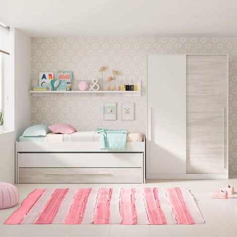 Pack Muebles Infantil Juvenil Elliot Blanco (Cama Nido con Cajonera + Estantería + Armario Puertas Correderas + Somieres 90x190 cm)