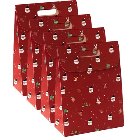 Sac Cadeau Noel - Papier Kraft Rouge - Fermeture Adhesive - Dimensions S/M/L - Lot de 4 (1/5)