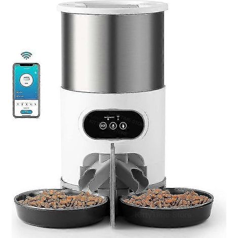 Distributeur automatique de croquettes pour deux chats et chiots, avec double gamelle, Wi-Fi, minuterie et enregistreur vocal. (1/5)