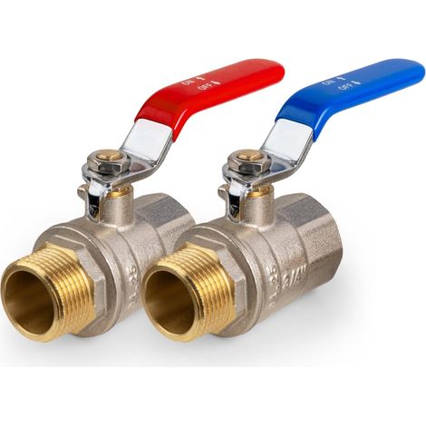 Lot de 2 robinets à boisseau sphérique 3/4" AG-IG en laiton, poignée à levier bleu et rouge, PN-40, pour eau, gaz, plomberie (1/5)
