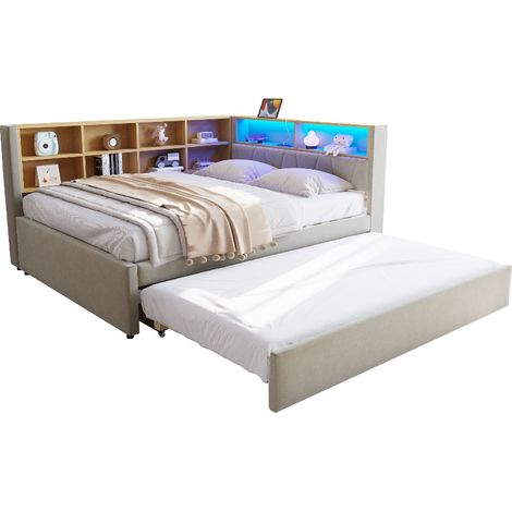Schlafsofa 140x200 mit Ausziehbett 90x190 und Stauraum, Multifunktionsschlafsofa mit LED Beleuchtung und Steckdose, Polsterbett aus Flanell Hellgrau (1/5)