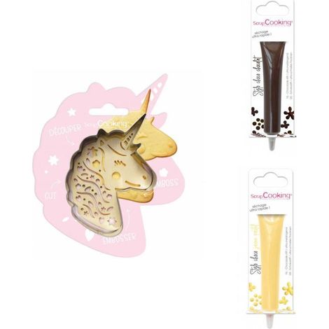 Kit pour biscuit en relief Licorne + 2 Stylos au chocolat marron et jaune pastel