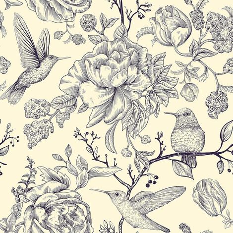 Ineasicer – Papier peint adhésif pivoine et oiseaux – Vintage beige – Auto-adhésif, imperméable – 44.5cm x 300cm pour murs et meubles (1/4)