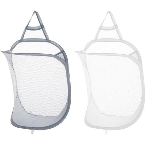 Lot de 2 paniers à linge à suspendre, en maille, pliables, petits paniers muraux pop-up pour vêtements sales, sac à linge portable pour maison, hôtel, voyage, camping (blanc + gris)