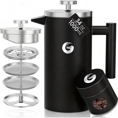 Cafetière À Piston 1 Litre, En Acier Inoxydable 304, Double Paroi Isolée, Filtration 4 Niveaux, Portable Pour Café ou Thé Chaud et Froid, Cuisine, Camping, Noir (1/5)