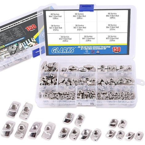150 pcs européen M3 M4 M5 M6 Tête de marteau pendantes en T Écrou fente Assortiment kit pour 20/30/40 série Profil Aluminium en acier carbone plaqué nickel (1/5)