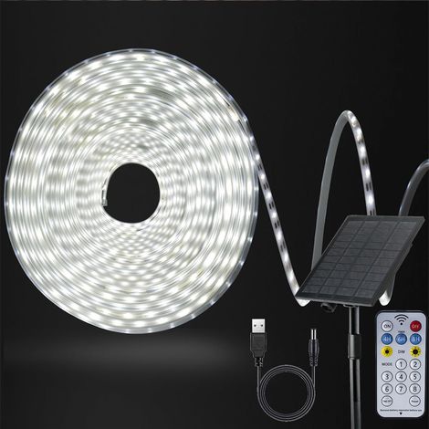 Sientice Bande lumineuse solaire ultra-lumineuse éclairage de jardin étanche IP65, 8 modes/télécommande éclairage rechargeable pour camping-10M-Lumière blanche