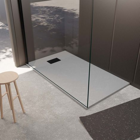 Piatto Doccia Grigio Effetto Pietra 80x120 cm e Griglia motivo Perforato Nero Opaco