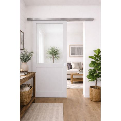 Puerta corredera de taller blanca H204 x L73 cm sin montante, riel de aluminio, conchas blancas, GD MENUISERIES