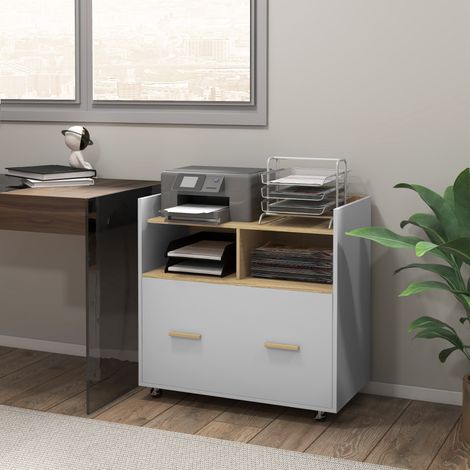 Armario Archivador con Ruedas Cajón Barras Colgantes para Tamaño A4 y 2 Compartimentos 76x40x75,5 cm Roble y Blanco (1/5)