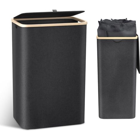 Panier à linge en bambou avec sac intérieur et couvercle, boîte de rangement noire 40.5x33x75 cm (1/5)