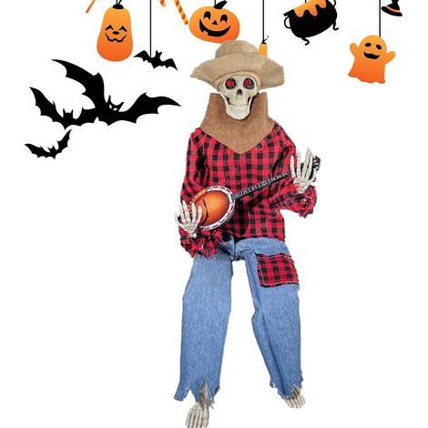 Scheletro di Halloween realistico e spaventoso, accessori in miniatura, decorazione scheletro banjo per Halloween, per case infestate, mensole, caminetti, ingressi, soggiorni (1/5)