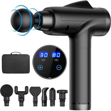 Massaggio professionale dei tessuti profondi - 6 accessori intercambiabili e 30 velocità - Motore brushless silenzioso - Design portatile - Ideale per gli atleti (Nero) (1/4)
