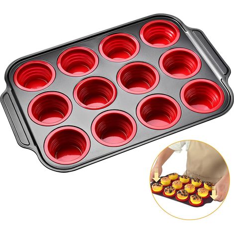 Große Silikon-Muffinform für 12 Muffins, 27 x 40 cm, Rot Antihaft-Backform für Cupcakes, Brownies, Pudding (1/5)
