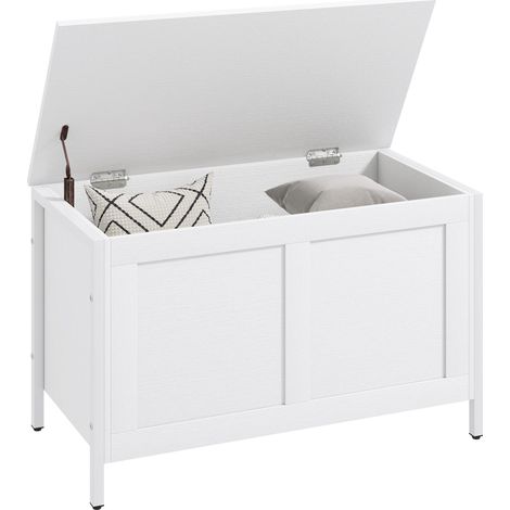 Coffre de rangement pour chambre 95 L avec couvercle, banc de rangement avec charnière de sécurité, 80 x 40 x 50 cm, aspect bois blanc