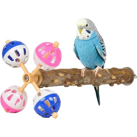 Perchoir à oiseaux avec boules rotatives et cloches, en bois naturel, pour perruches, calopsittes, perroquets, inséparables, conures, à monter dans une cage (bois de poivre) (1/5)
