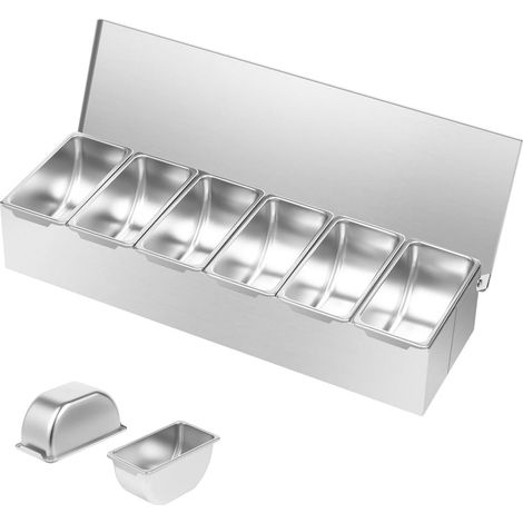 Recipiente de acero inoxidable para ingredientes con 6 compartimentos, caja para cócteles para bar, limón, fruta y aceitunas. (1/5)