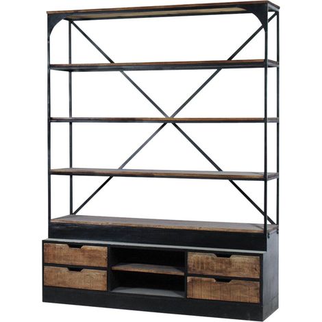 Made In Meubles – Bibliothèque en bois de manguier – Dimensions 209x155x50 cm – Style industriel – 5 étagères – Entretien facile avec chiffon doux (1/5)