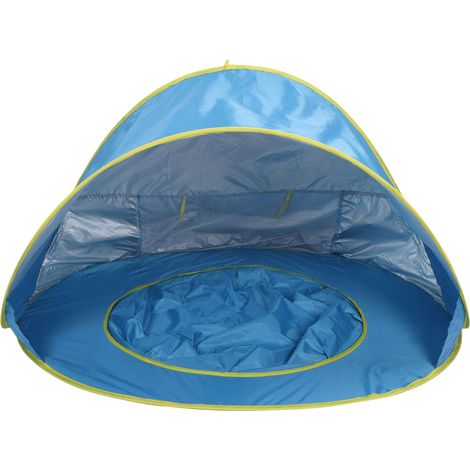 Tente de plage pliable, résistante au soleil et au vent, portable, pour bébé, avec sacs de rangement pour piscine, bleue. (1/5)