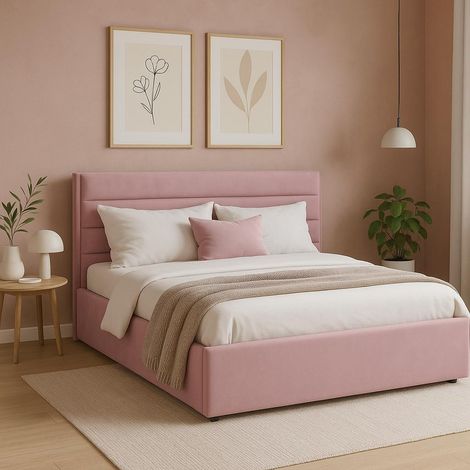 Sofello Polsterbett nach Maß Rosa aus Velour 90 x 200 cm Holz - Lattenrost Bett aus Samt Doppelbett mit schöner Steppung und besonderem Design (1/5)