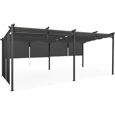 Idmarket – Pergola toit rétractable 3x6 m – 6 stores gris anthracite – Structure métal 60x60 mm – Toile polyester 180 gr/m² – Idéale pour espaces extérieurs