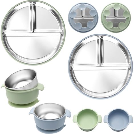 2 Assiettes En Acier Inoxydable Avec Ventouse + 2 Bols En Acier Inoxydable Avec Ventouse, Avec Housse En Silicone Amovible, Lavables Au Lave-Vaisselle (BlueGreen) (1/5)