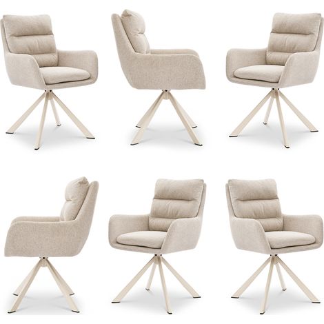 Bon Furni Chaises 360° Pivotantes Tissu Effet Lin Beige Pieds Blancs, Lot de 6
