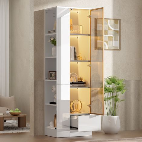Vetrina LED con anta in vetro, cassetto e vani aperti 50 x 35 x 160 cm, bianca (1/5)