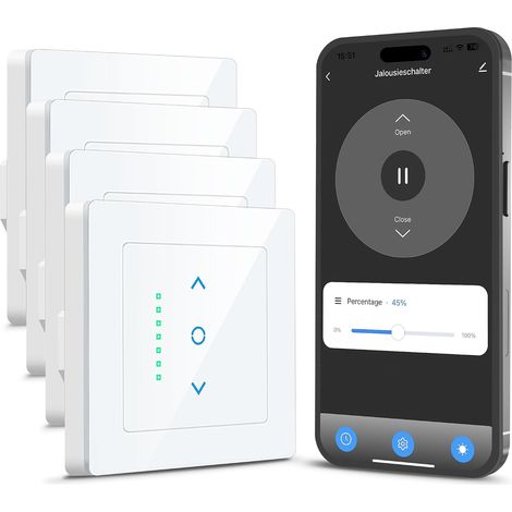 Interrupteur Volet Roulant Connecté Fil Neutre Requis, 4 pièces Interrupteur de Stores Tactile, Minuterie et Sécurité Enfant, APP Contrôle à Distance (1/5)