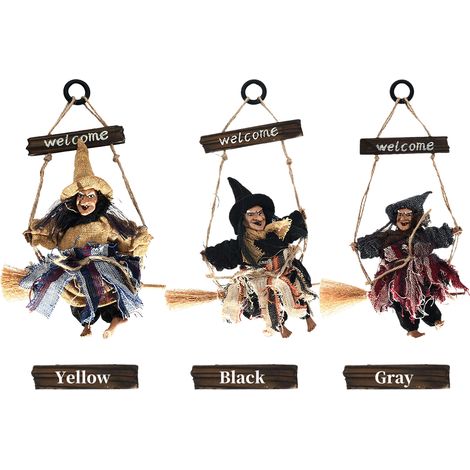 Plaque en bois de bienvenue pour Halloween, décoration de sorcière suspendue, sorcière sur son balai, ornement d'Halloween, sorcière volante à suspendre, cadeau pour fêtes d'Halloween intérieures et e (1/2)