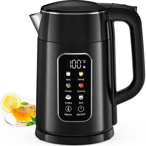Bouilloire Electrique, Ebullition Rapide, 1,7L Bouilloire Inox 2200w Écran Numérique, Fonction de Maintien au Chaud 120 min, 6 températures préréglées 40-100°C, Sans BPA Noire Bouilloire silencieuse (1/5)