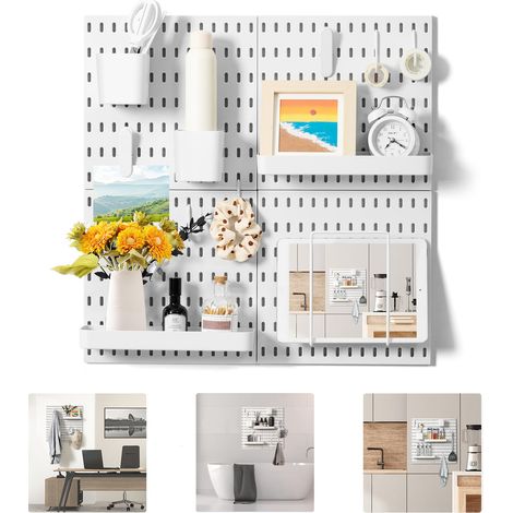 Kit de rangement mural pour chambre à coucher, étude, bureau, salle de bain, 4 panneaux perforés et 17 accessoires, 55,9 x 55,9 cm, blanc (1/5)