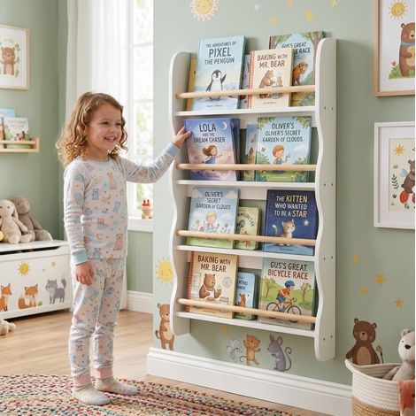 Librería infantil mural 60 x 10 x 98 cm con anti-vuelco, blanca OKMYHOME (1/5)