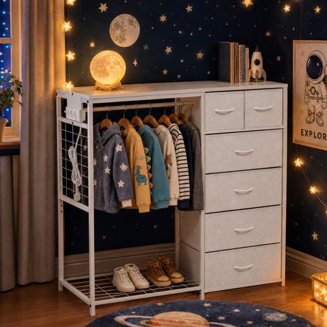 Armario infantil (131x45x17 cm), con barra de colgar, 6 cajones de tela, estante para zapatos, MDF y metal blanco (1/5)