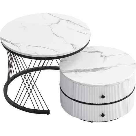 Ensemble de 2 tables basses rondes blanches aspect marbre avec 2 tiroirs, MDF et plastique, 60x60x46cm & 50x50x31cm (1/5)