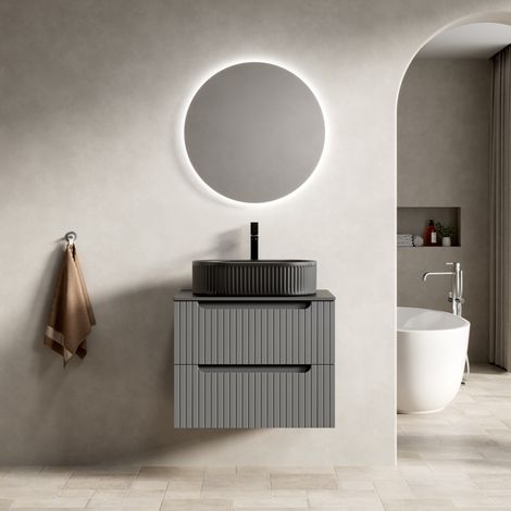 Meuble lave-mains suspendu 60 cm en céramique et pierre frittée, noir et gris foncé, 2 tiroirs soft-close (1/5)