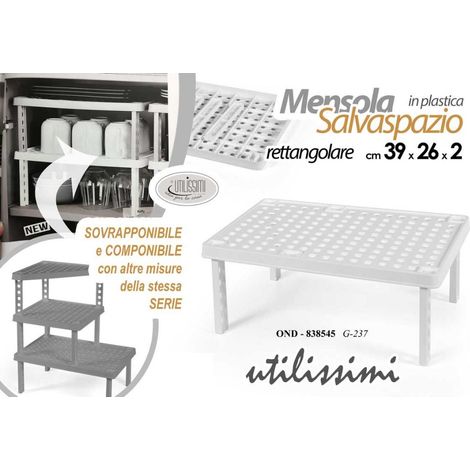 1 Pezzo Mensola Salvaspazio Sovrapponibile in Plastica Bianco 39 x 26 x 2 cm (1/2)