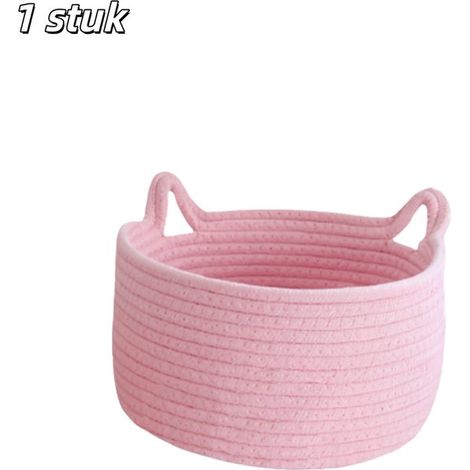 Panier de rangement rose en corde de coton tressée – Motif oreilles de chat – Organisateur pour vêtements, accessoires et jouets pour animaux – 21 × 12 cm