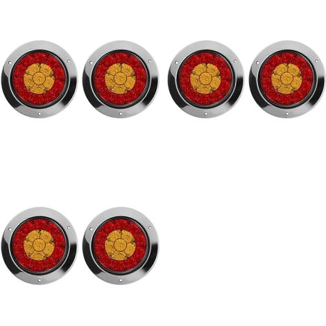 Lot de 6 feux stop/clignotants/feux arrière ronds de 10 cm (4 pouces) à 16 LED pour camions, remorques et camping-cars, étanches, 12-24 V, couleur rouge ambre chromé. (1/5)