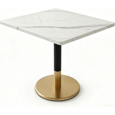 Table de salle à manger rectangulaire moderne 80x60 cm plateau bois effet marbre blanc avec pied métal noir et base dorée pour 2 personnes (1/5)