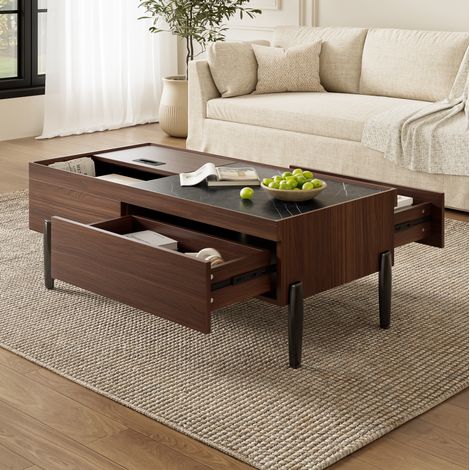 Mesa de centro 105x50x41.5 cm marrón oscuro MDF y vidrio con cajones, tapa corredera y patas metálicas (1/5)