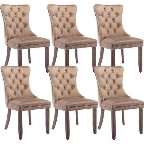 Samt Esszimmerstühle 6er Set mit hoher Rückenlehne und Massivholzbeinen, Khaki (1/5)