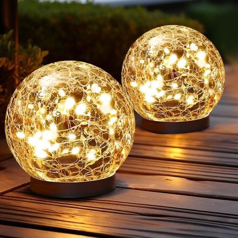 Lampes solaires d'extérieur étanches - Boules solaires pour jardin - Boule de verre craquelée - Orbes solaires pour extérieur - Décoration extérieure pour terrasse, cour, pelouse, arrière-cour (1/5)