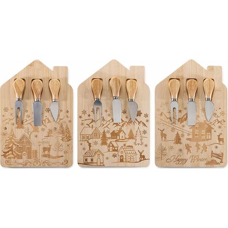 Set tagliere / set aperitivo in legno con decori natalizi intagliati e 3 coltelli per formaggio, set da 3 pezzi, Tagliere: cm 20 x 30 H